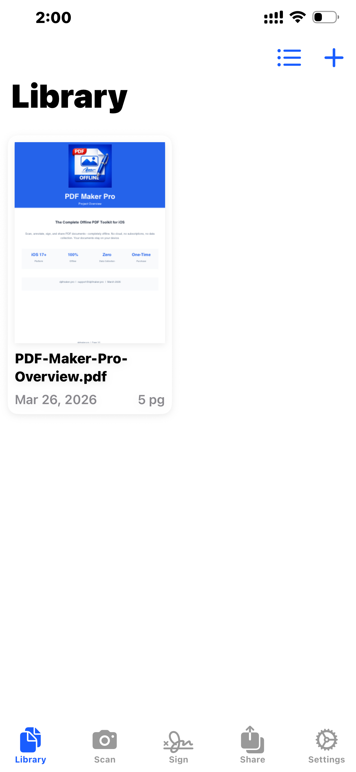 PDF Maker Pro app showing document library on iPhone